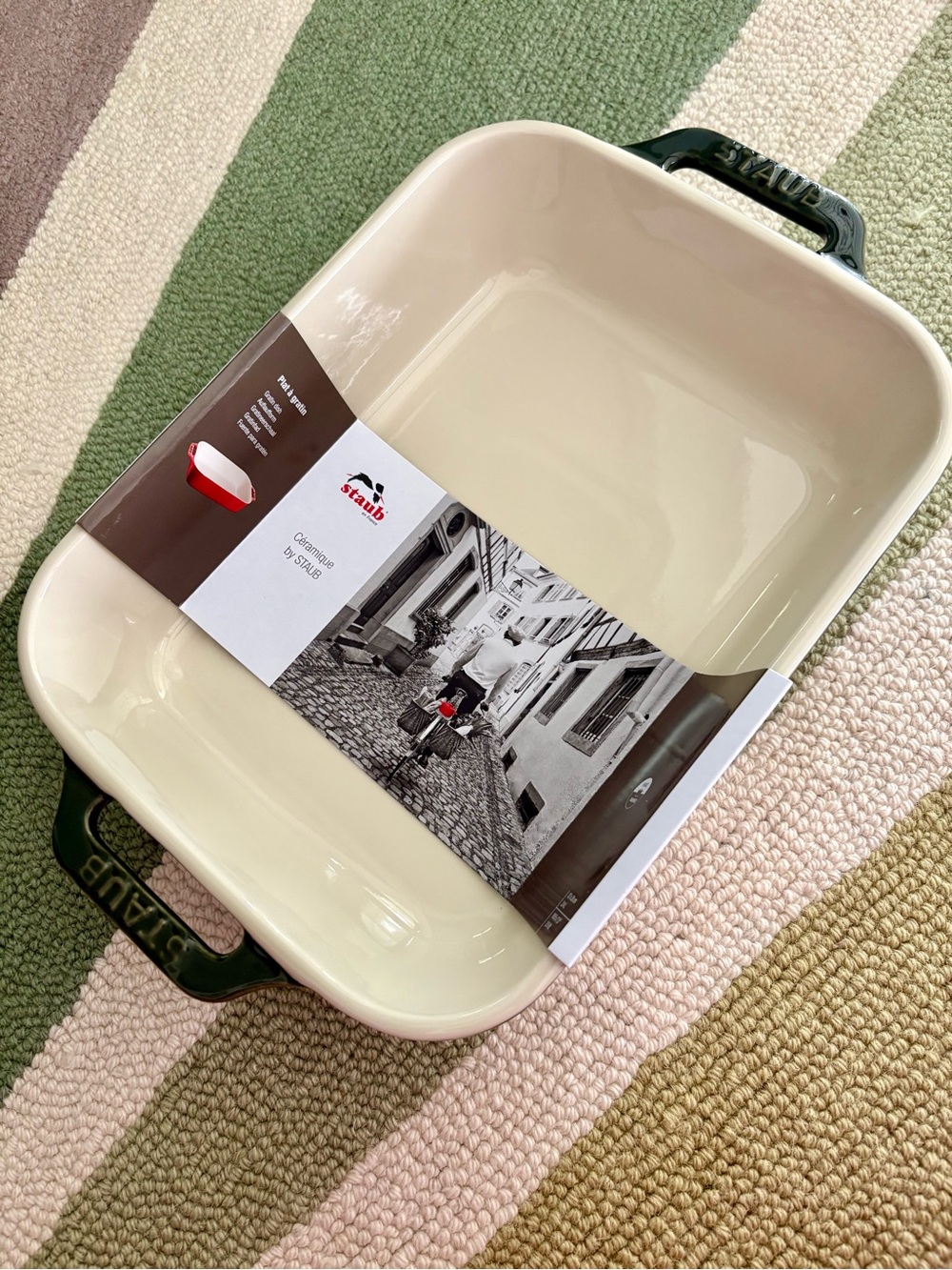 Staub 2.4L Gratin Dish in Basil Green with cream interior